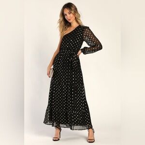 LULUS Size Medium Radiant Black & Gold Clip Dot One Shoulder Formal Maxi Dress